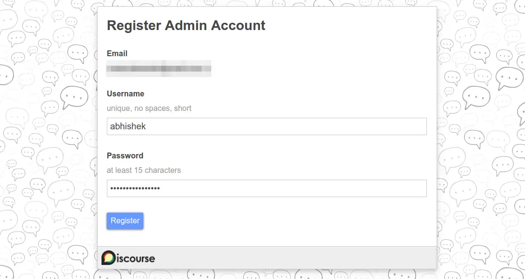 Register the admin account on the Discourse forum