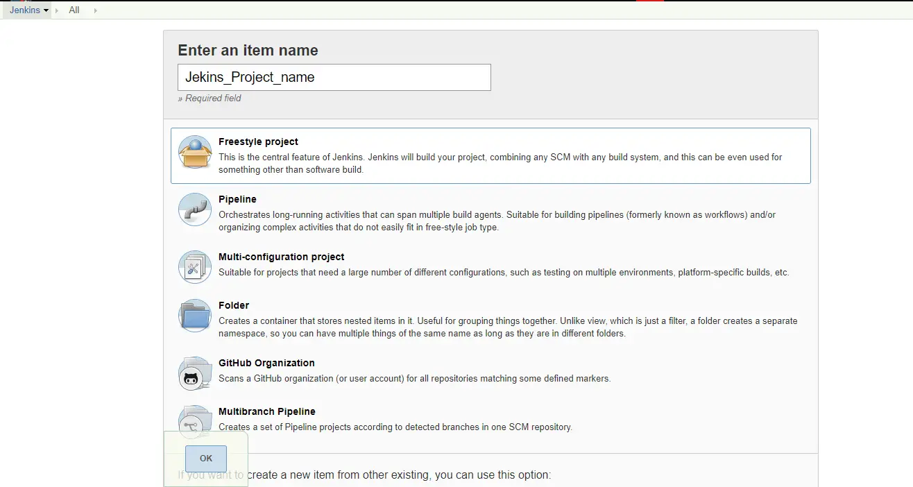 Creating new project in Jenkins