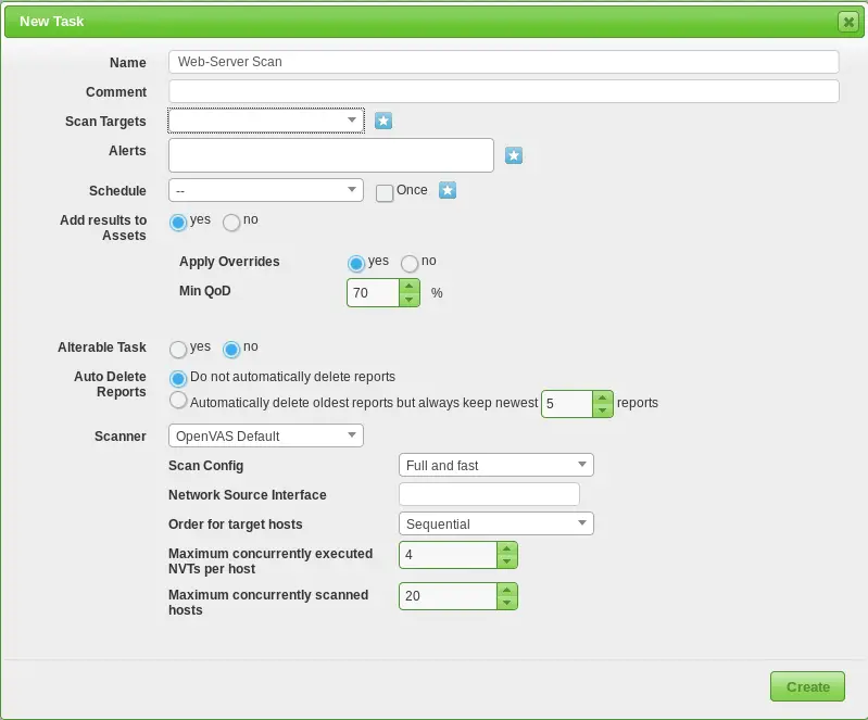 Creating new task in OpenVAS