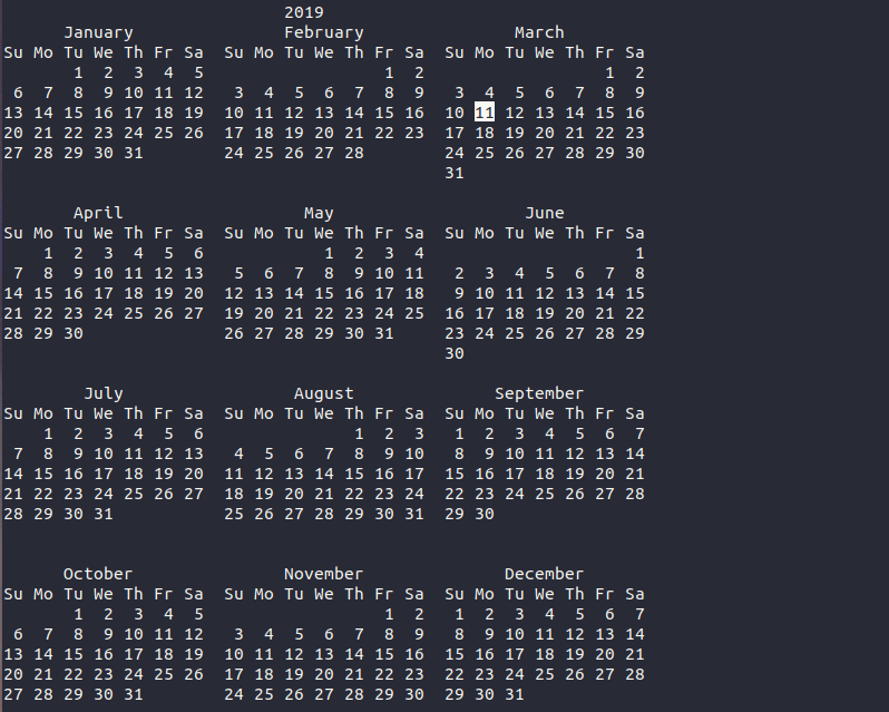 View calendar of year in Linux with cal command