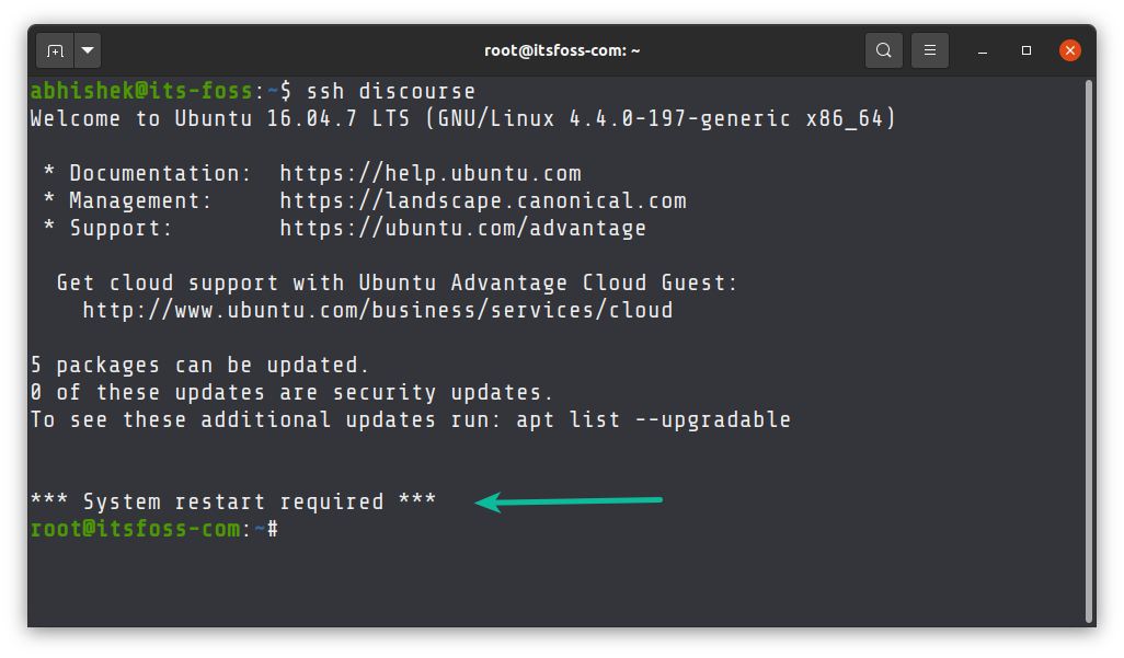 system restart required message on Ubuntu server