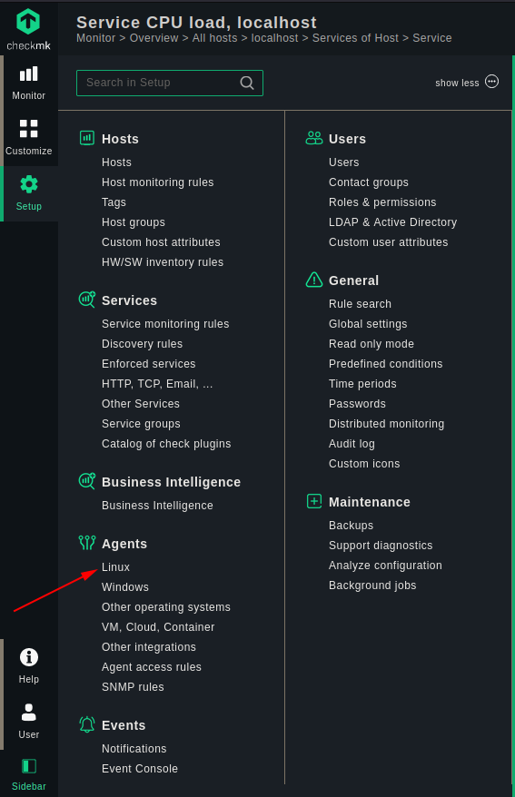 Navigating to the Checkmk Agent Linux Page from the Setup menu