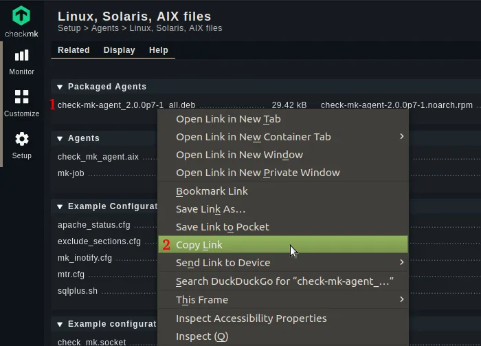 Right click on the Debian package name and select "Copy Link" to fetch the Checkmk Agent download URL