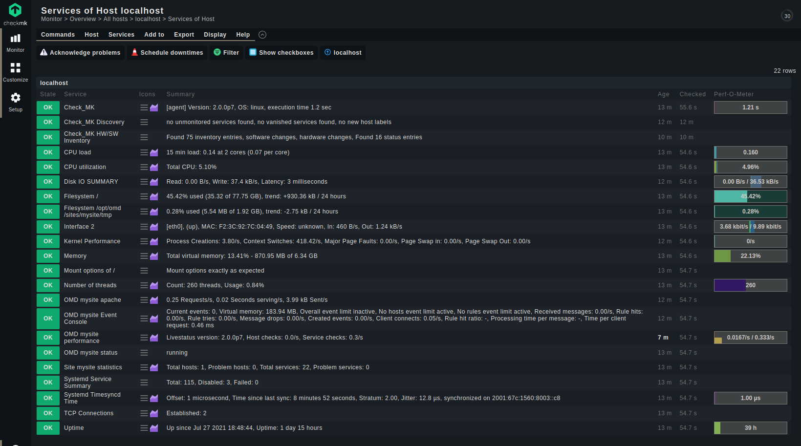 The "Services of Hosts" page lists all accessible server metrics that can be monitored individually in detail