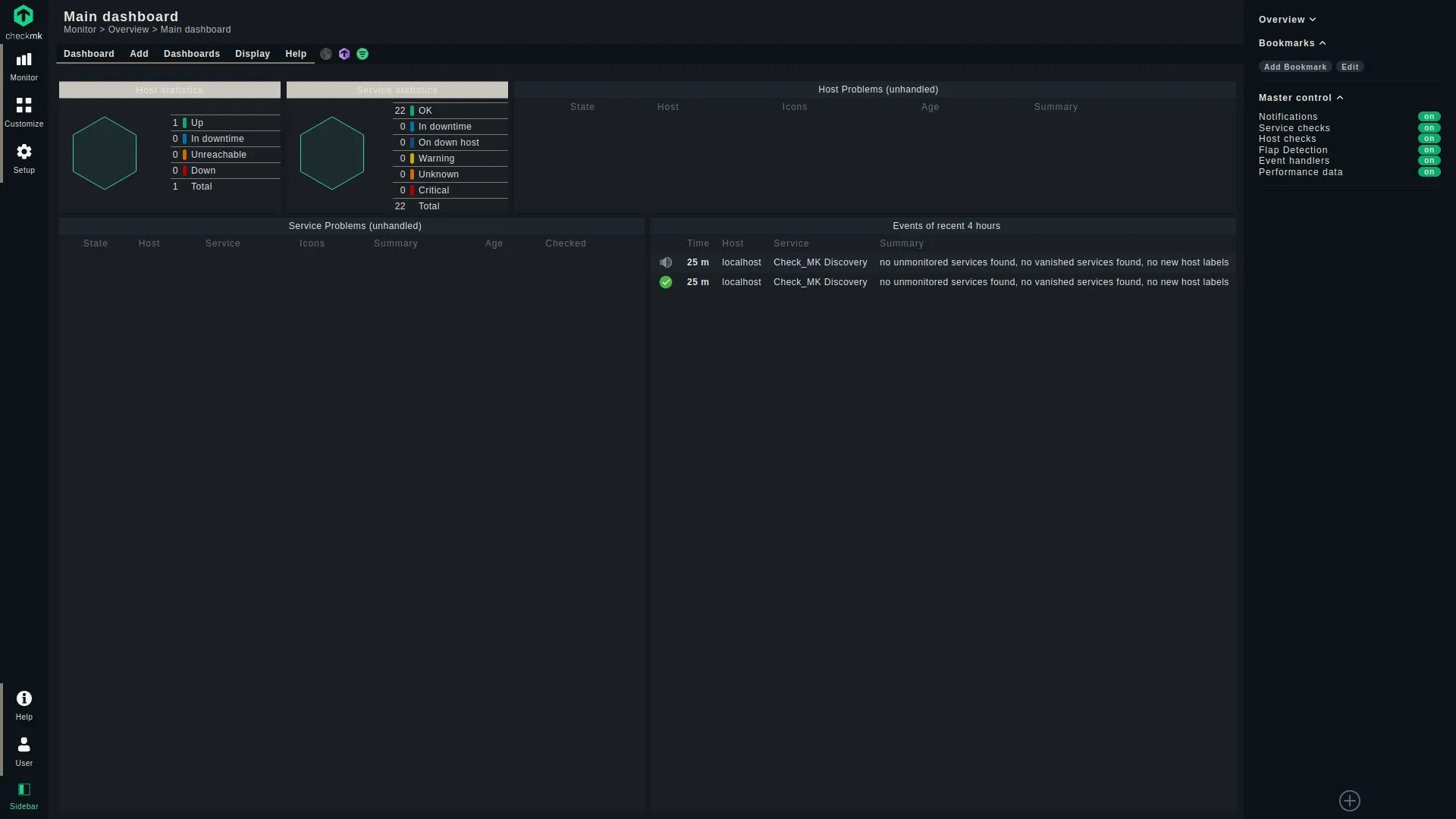 Checkmk Main Dashboard showing added server up and running