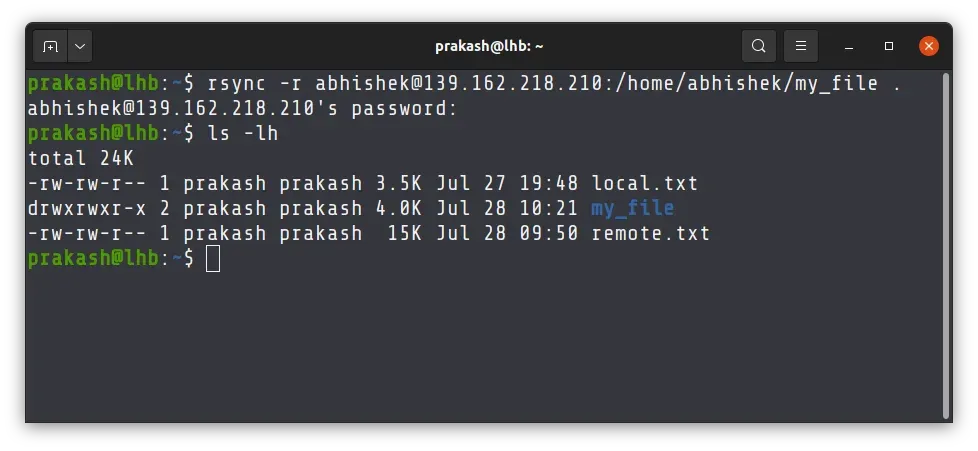 Copy directory from the remote Linux system over SSH using rsync