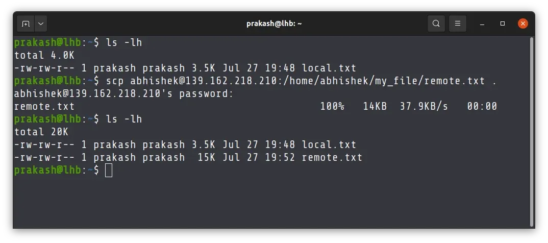 Copy files from the remote Linux system over SSH using scp