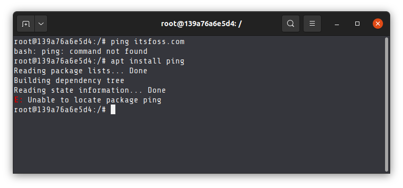 Ping command not found in Ubuntu when running in Docker