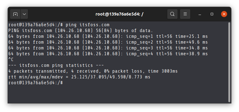 ping command running in Ubuntu