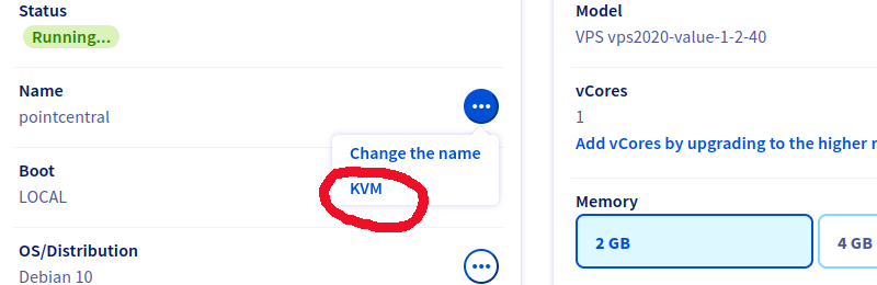 location of the KVM button on the OVH web interface