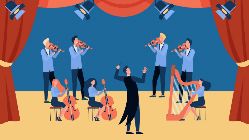 Conductor at an orchestra, synchronizing musical harmony with co-ordinated hand gestures.