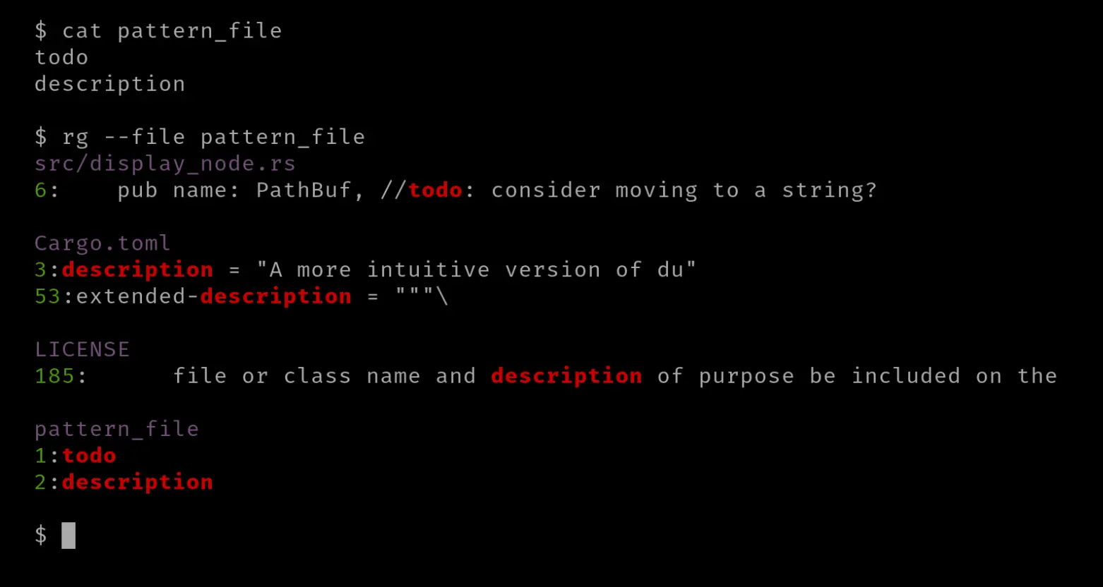 demonstration of ripgrep command with a file containing pattern