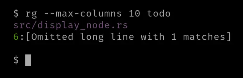 demonstration of ripgrep command using '--max-columns' flag