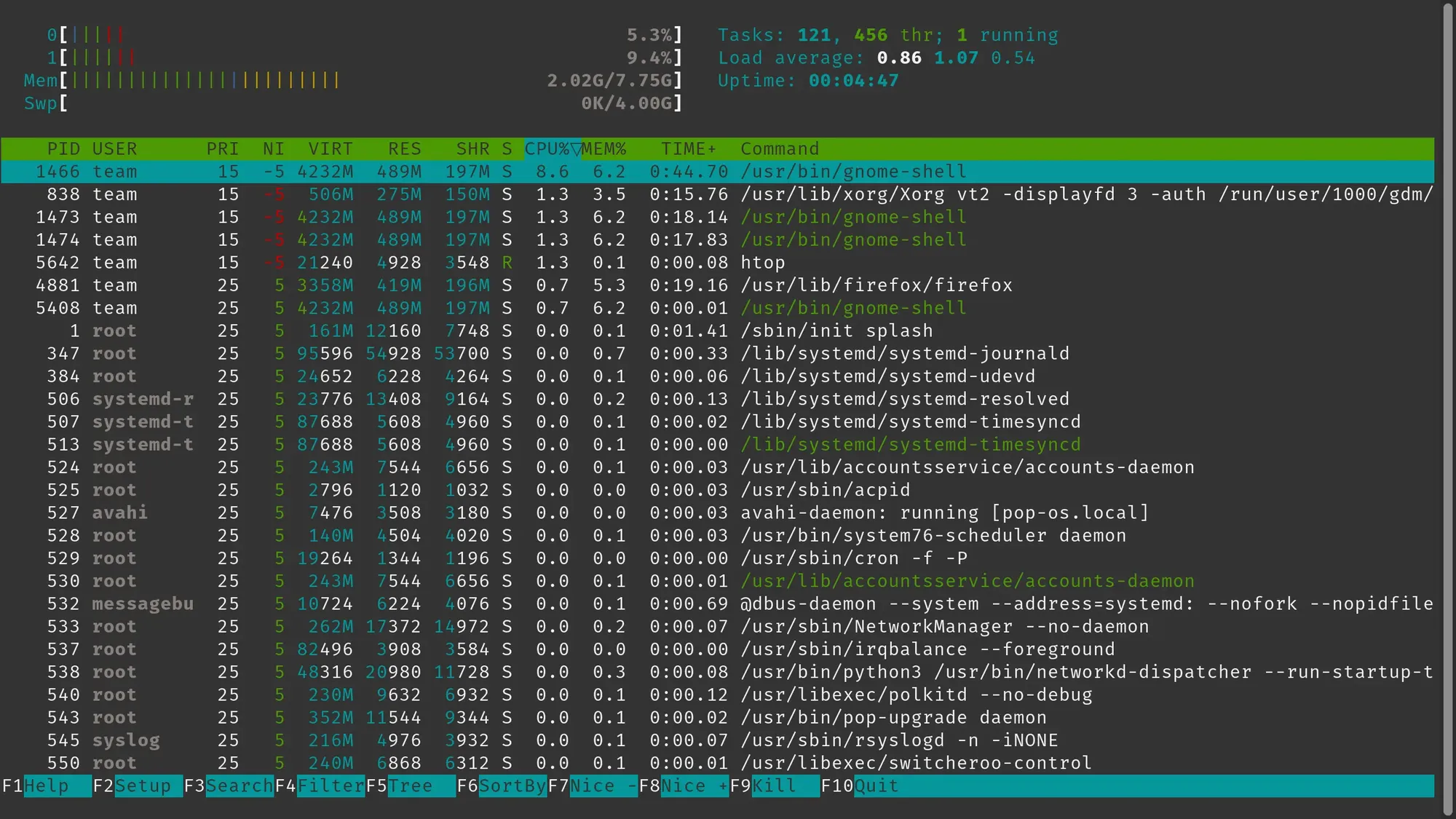 picture of htop command running