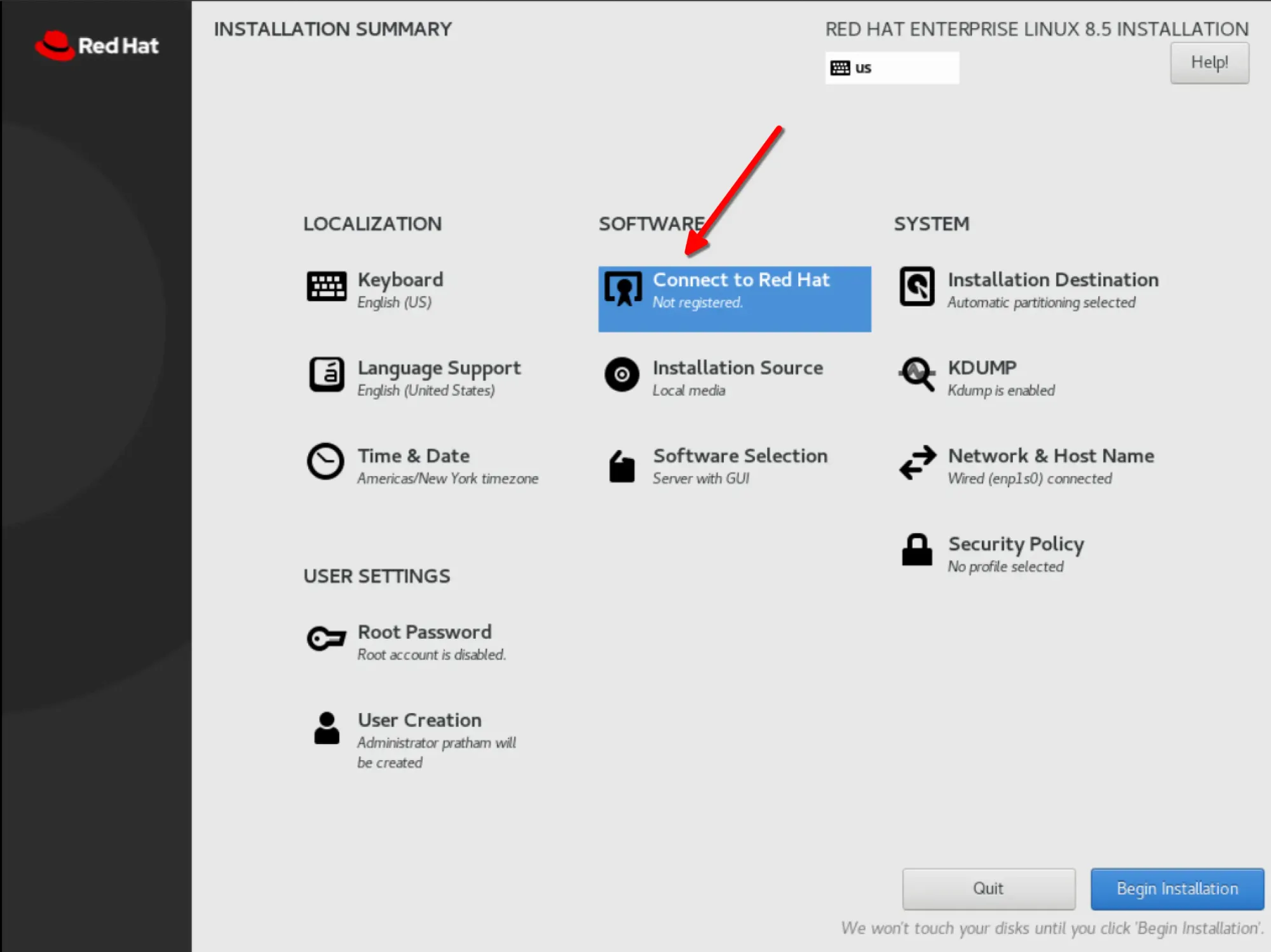 image of RHEL installer with 'Connect to Red Hat' highlighted