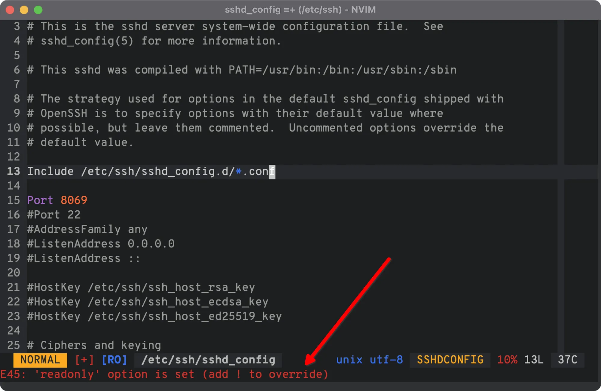 Vim giving a 'readonly' error when editing system file without the use of 'sudo' command