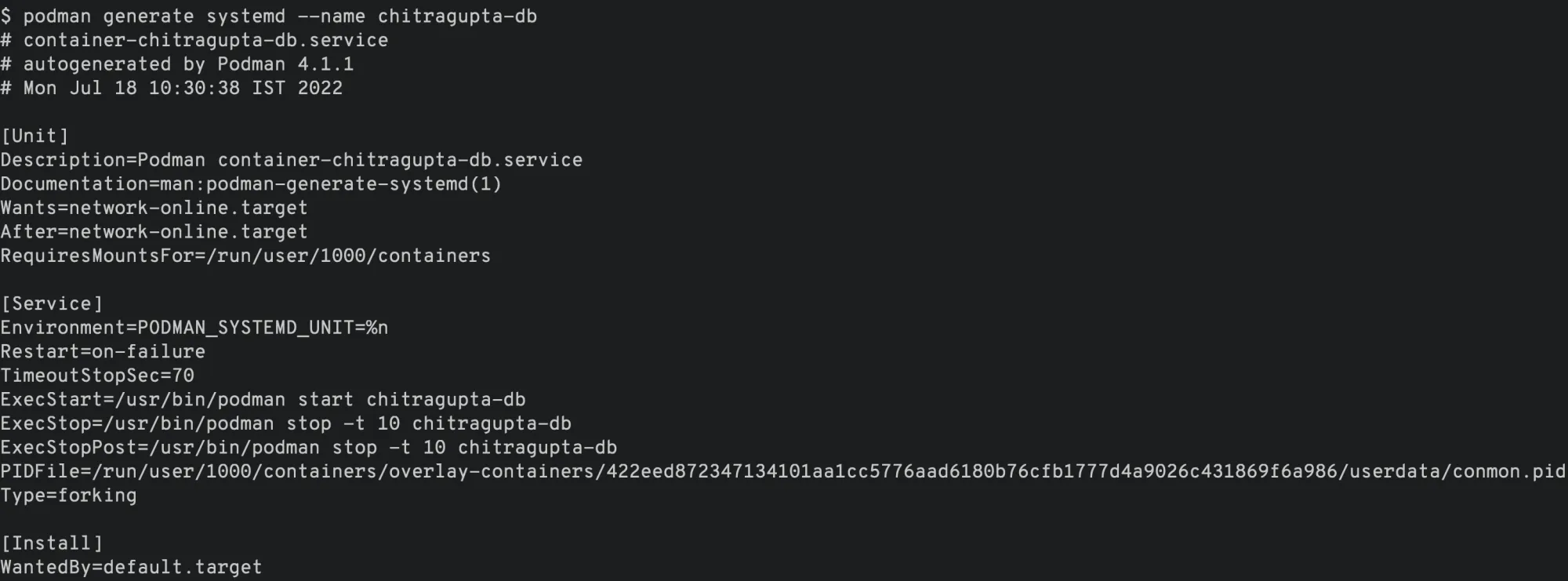output of running the `podman generate systemd` command for my container
