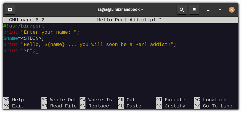 Modifying Perl script in nano text editor