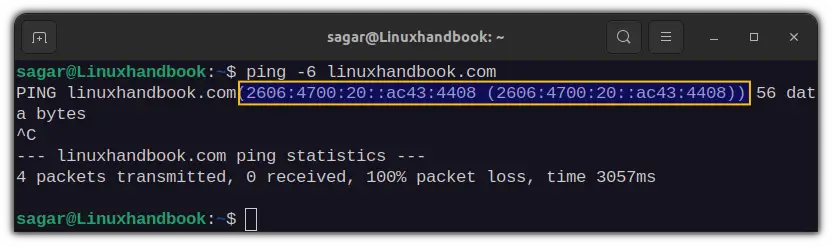 Use -6 option with ping command to target IPv6 network address