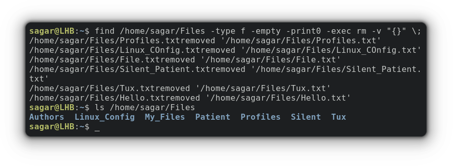 Delete empty files using find exec command