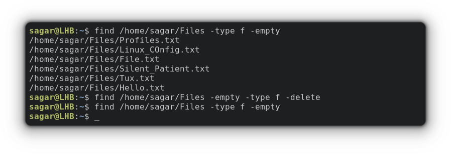 Delete empty files using find command