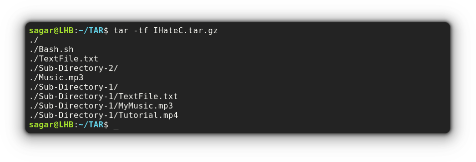list contents of tar file in linux