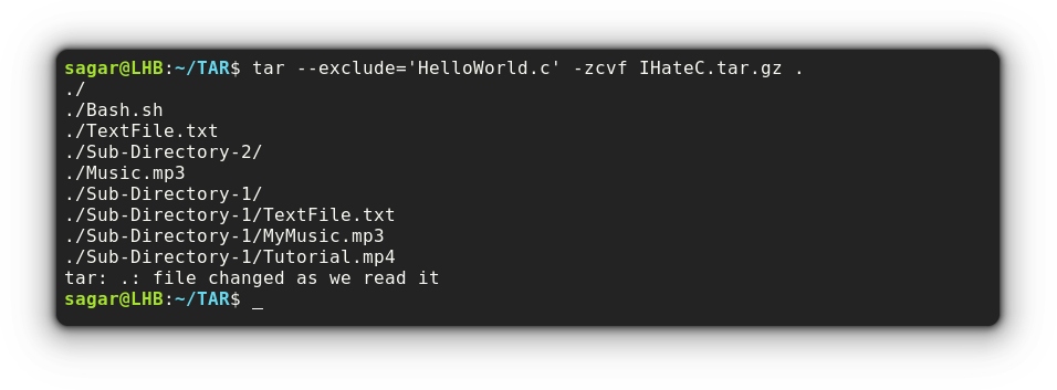 exclude files while creating tar files in linux using --exclude option