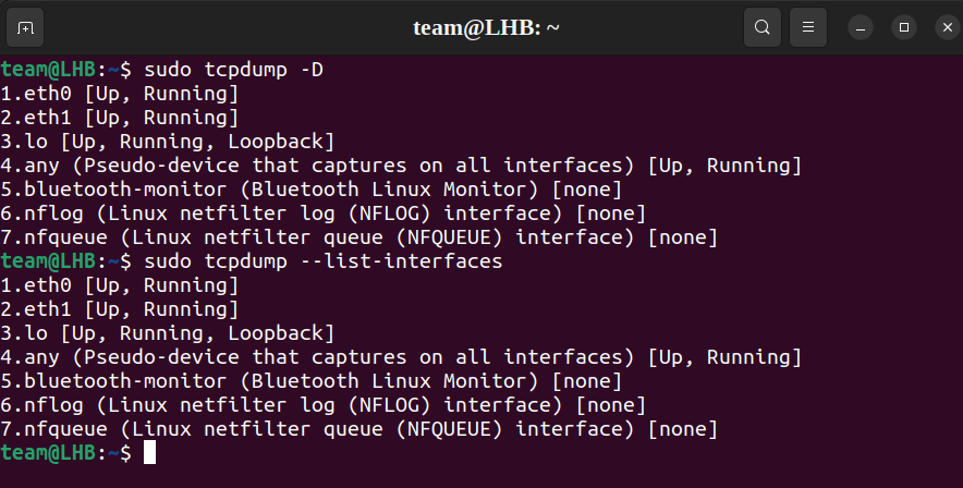 List the interfaces with tcpdump in Linux