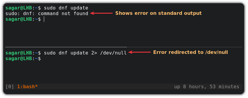 redirect error to /dev/null in linux
