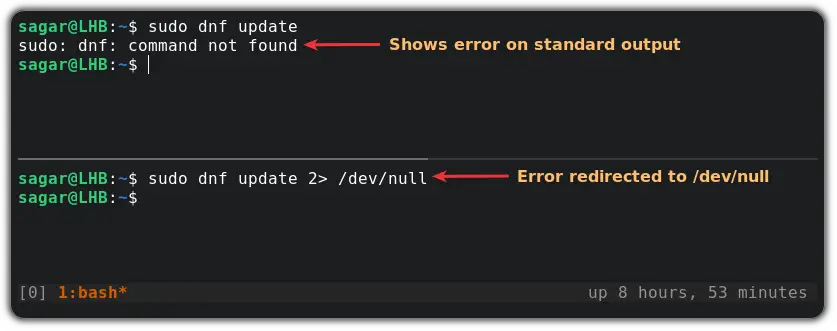 redirect error to /dev/null in linux