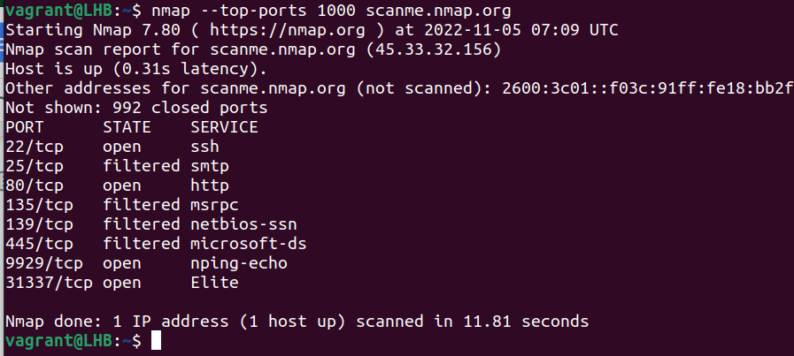 Scanning top 1000 ports with nmap