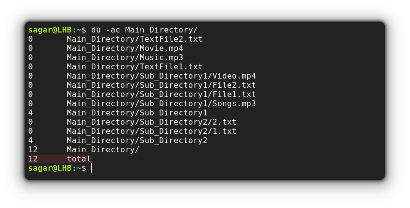 use the du command to list files recursively in linux
