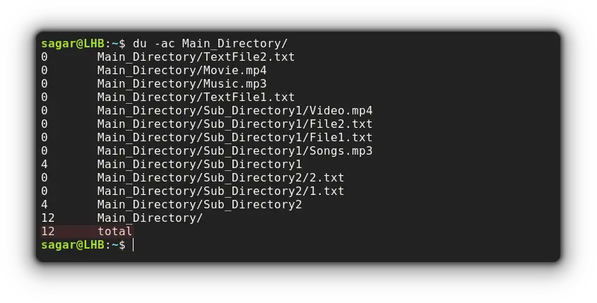 use the du command to list files recursively in linux