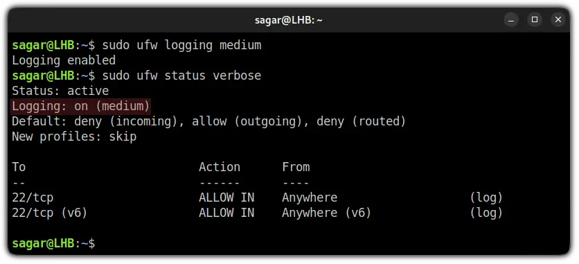 change logging level in UFW firewall