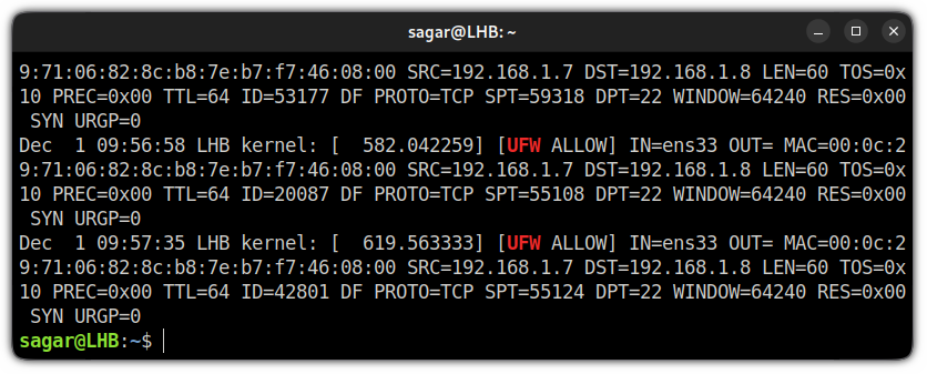 check ufw firewall log using grep command in linux