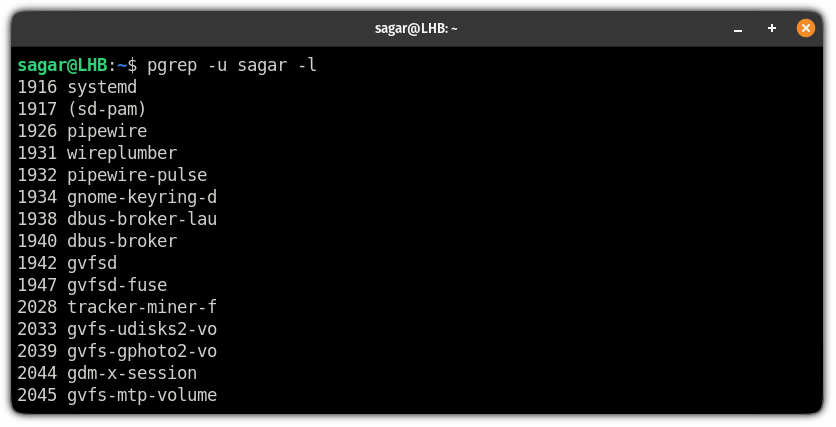 List ongoing processes with their names and PIDs using the pgrep command on linux