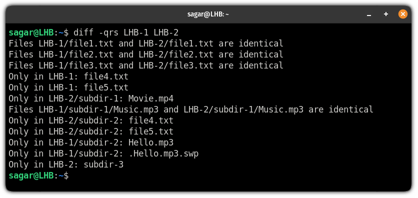 find identical and different files of multiple directories in linux