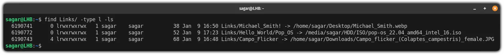 get additional information of symbolic links using the find command