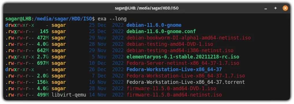 list files with permissions and file size on linux