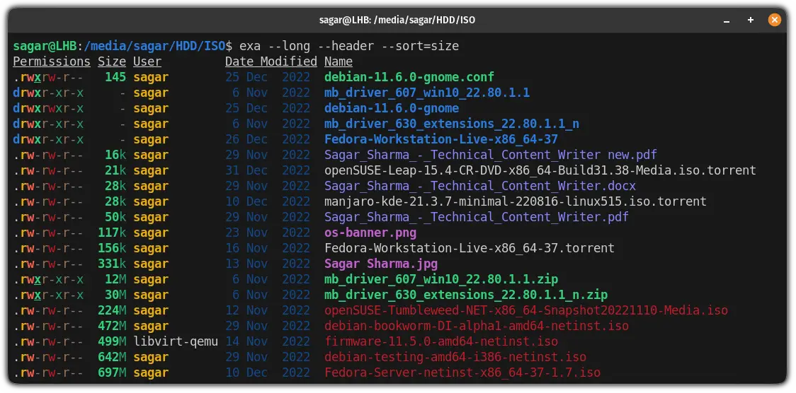 sort files based on file size on linux