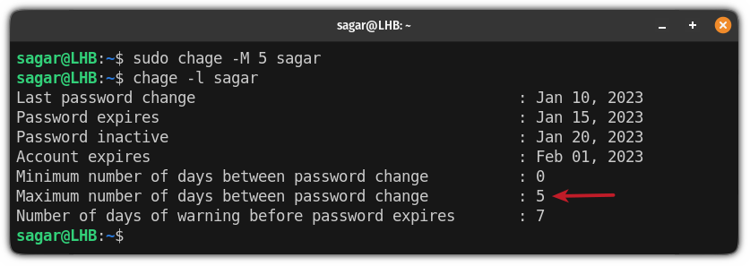 specify the maximum number of days between the password change using the chage command