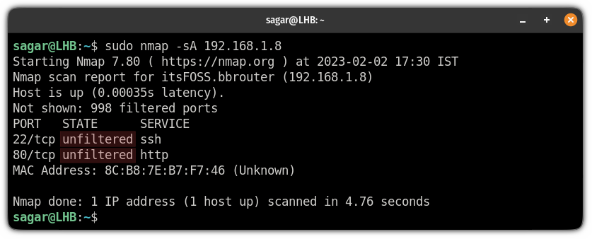 Perform a scan to detect filtering on the Firewall using the nmap command on linux