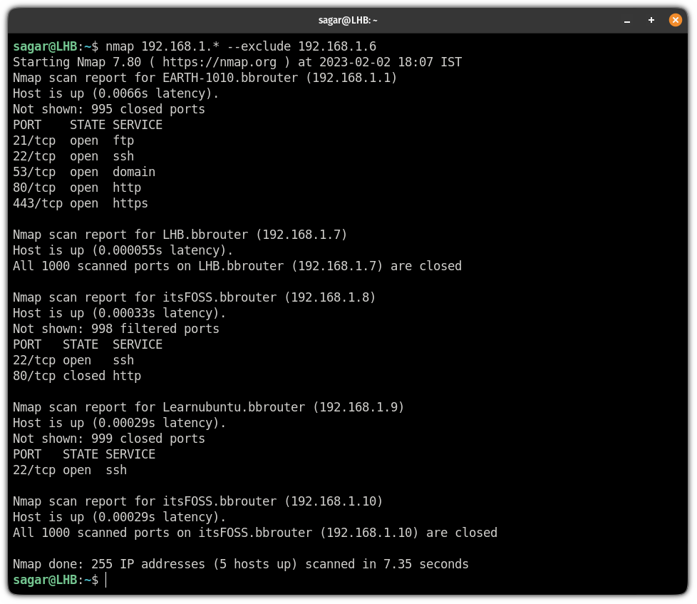exclude host while scanning the network using the nmap command