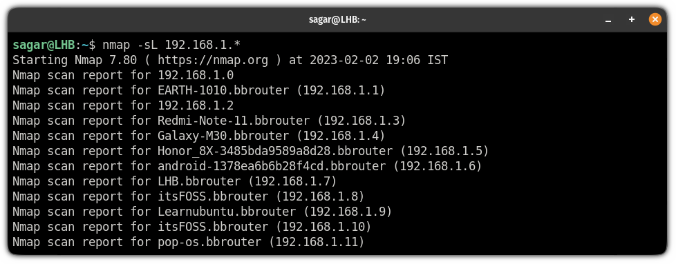 get the hostname of every system inside subnet using the nmap command