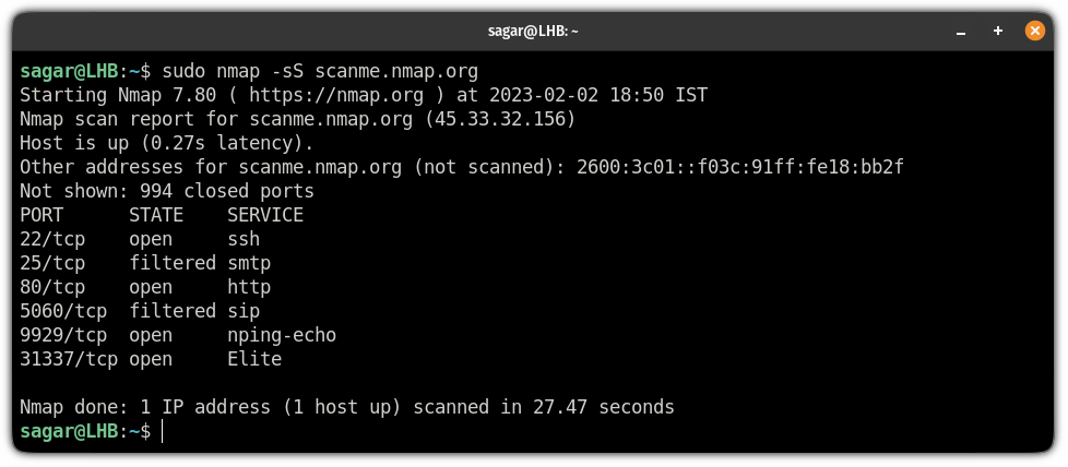 scan hosts in stealth mode using the nmap command