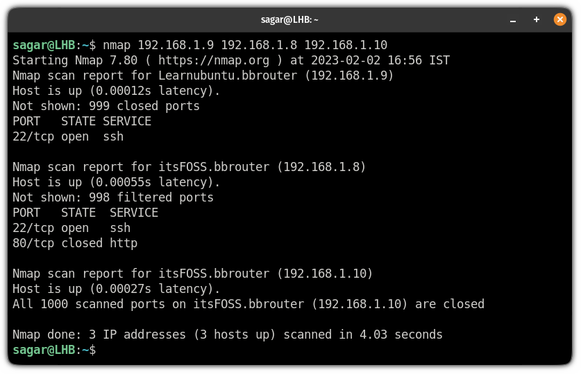 scan multiple hosts by appending multiple IP addresses using the nmap command