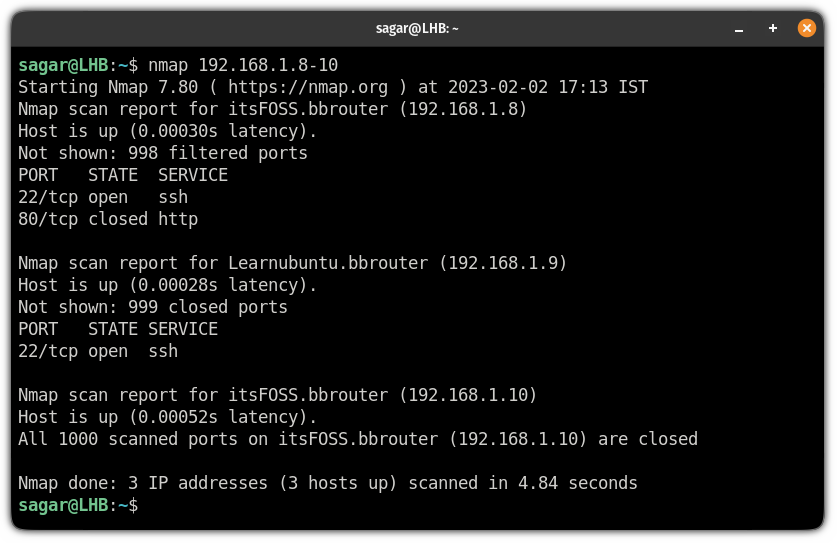 scan multiple hosts by specifying range of IP addresses using the nmap command on linux
