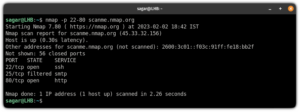scan multiple ports by specifying range using nmap command on linux