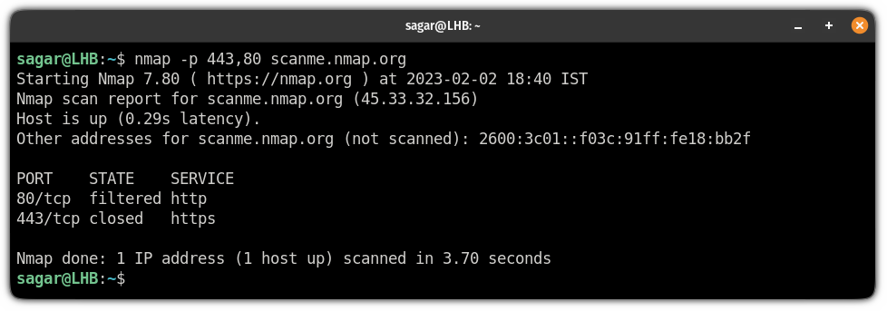 scan multiple ports using nmap command on linux