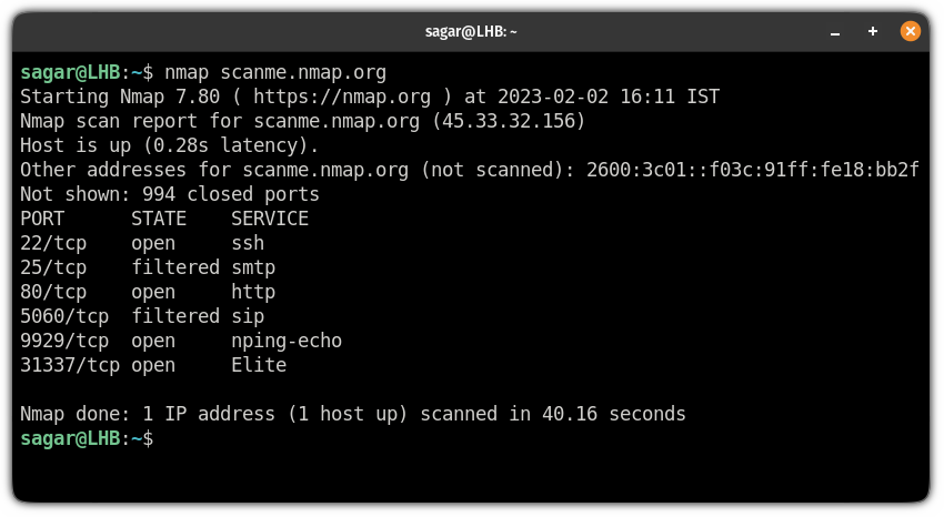 scan open ports using the nmap command on linux